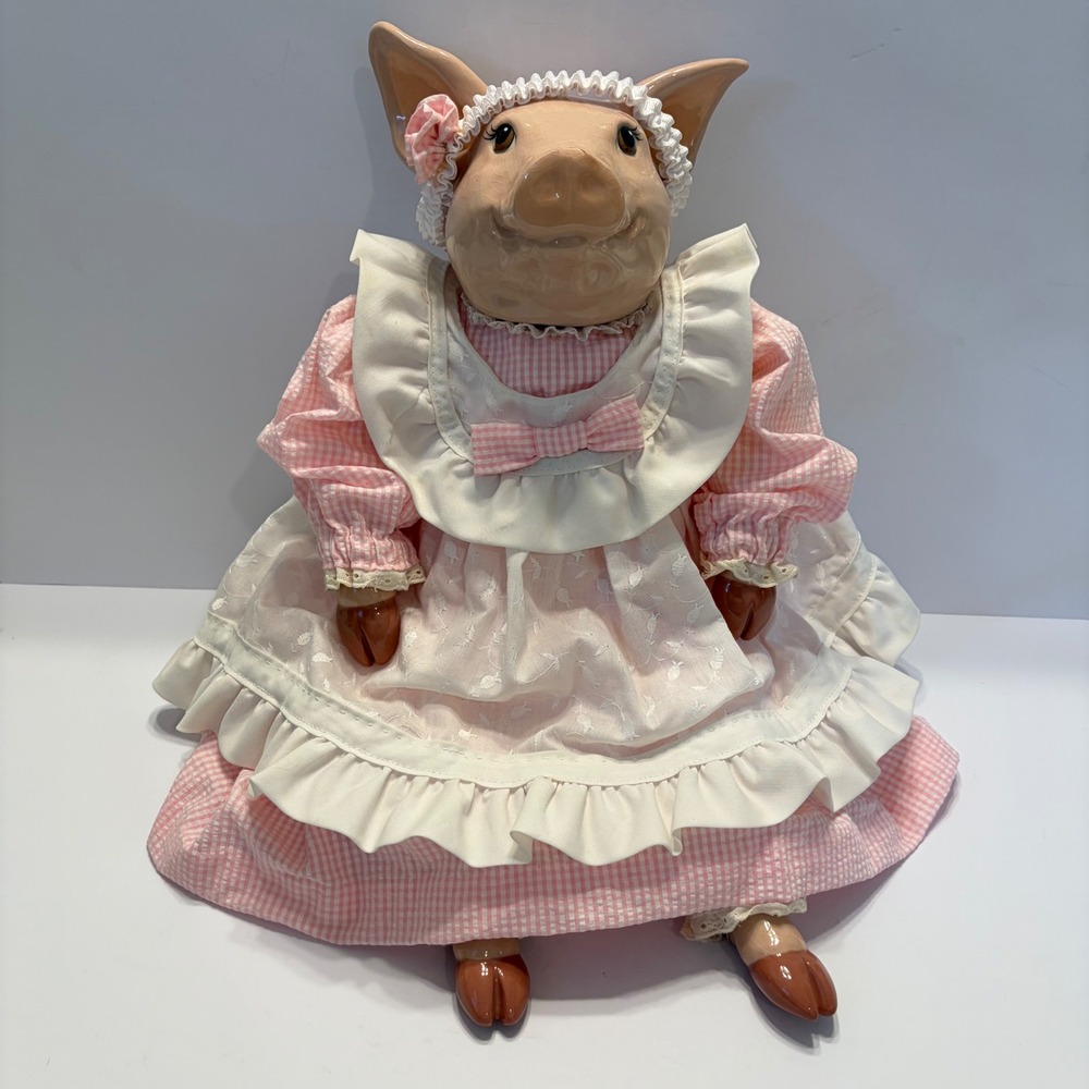 Vintage 80s 90s Large Ceramic Head & Feet Pig Doll 21" Farmhouse Gingham Dress